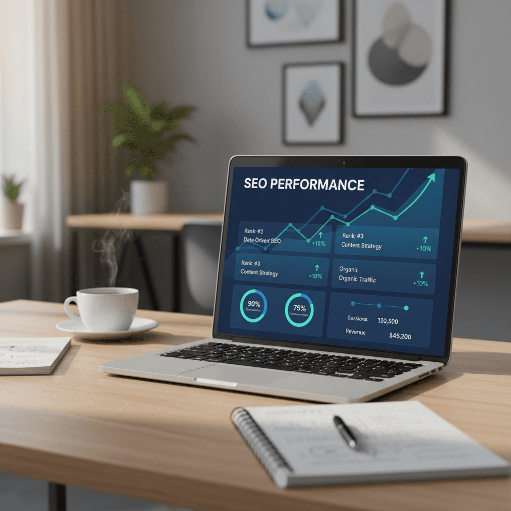 SEO analytics dashboard showing keyword rankings and traffic growth