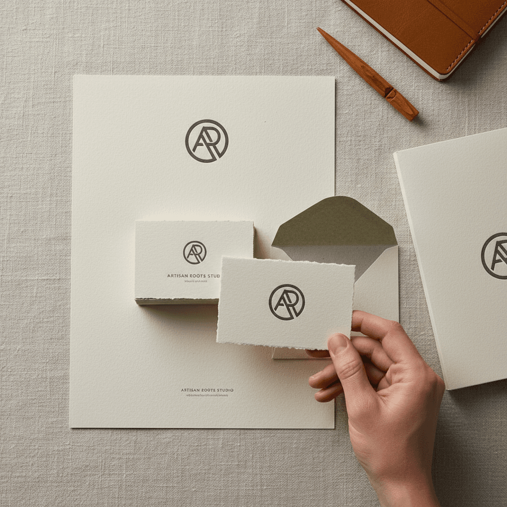 Business cards, letterhead, and logo design materials for brand identity