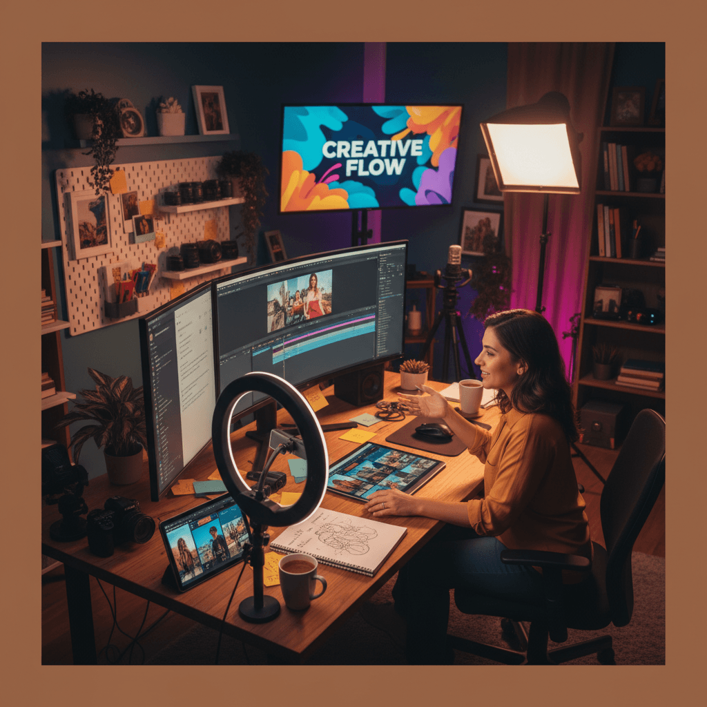 Content creator editing video footage in professional studio
