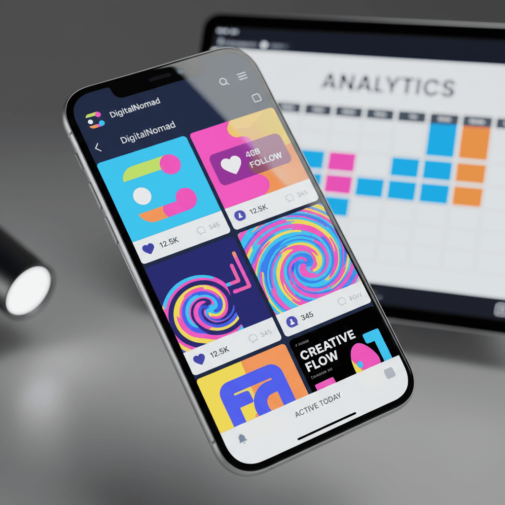 Social media feed and analytics displayed on smartphone and tablet